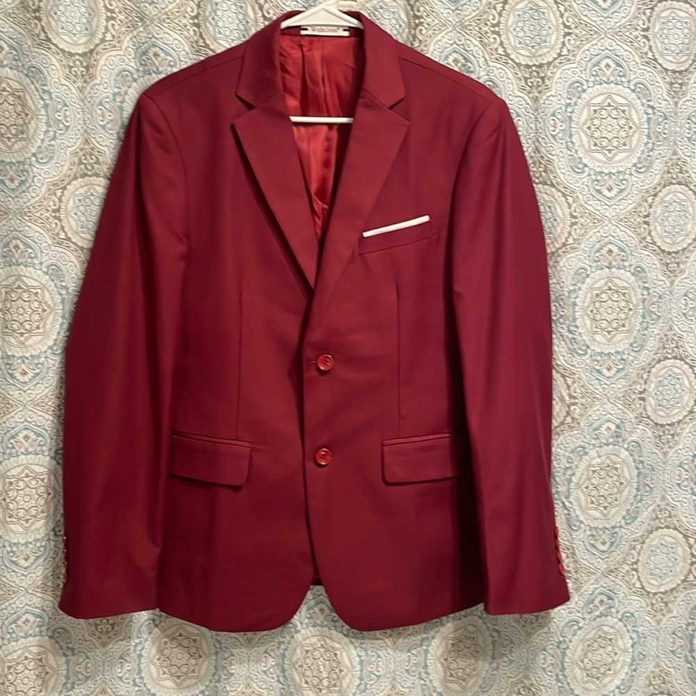 Wehilion suit jacket with white pocket square - wine color - size small